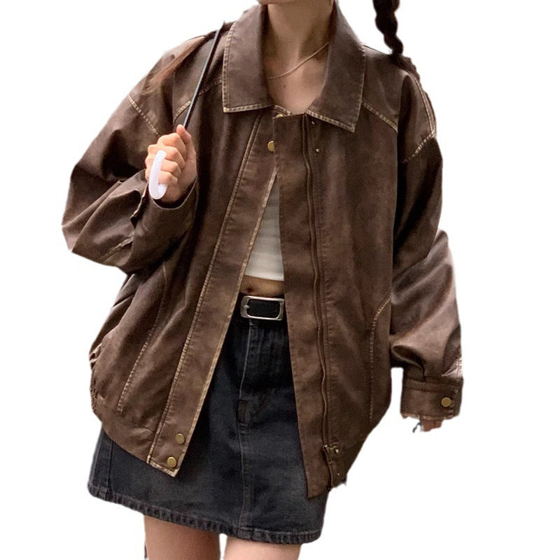 Retro Brushed Vintage Brown Leather Coat For Women Spring And Autumn