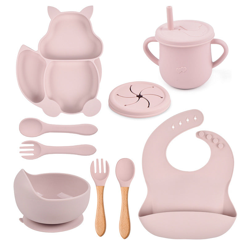 Silicone Squirrel Tableware Baby Silicone Food Supplement Set Baby Spork Integrated Silicone Plate Suit