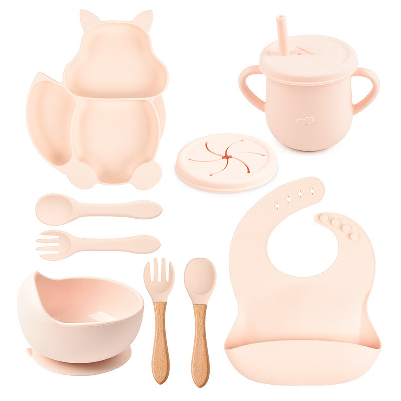 Silicone Squirrel Tableware Baby Silicone Food Supplement Set Baby Spork Integrated Silicone Plate Suit