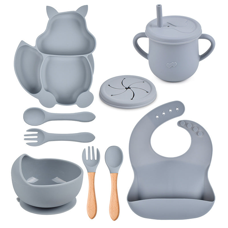 Silicone Squirrel Tableware Baby Silicone Food Supplement Set Baby Spork Integrated Silicone Plate Suit