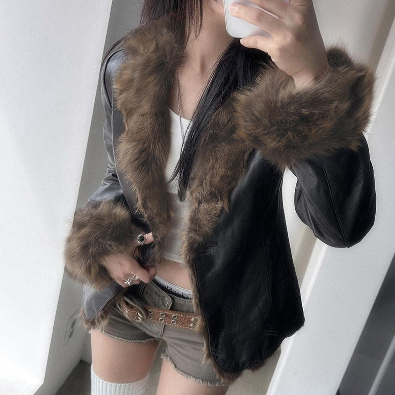 American Street Loose Fur Collar Leather Coat