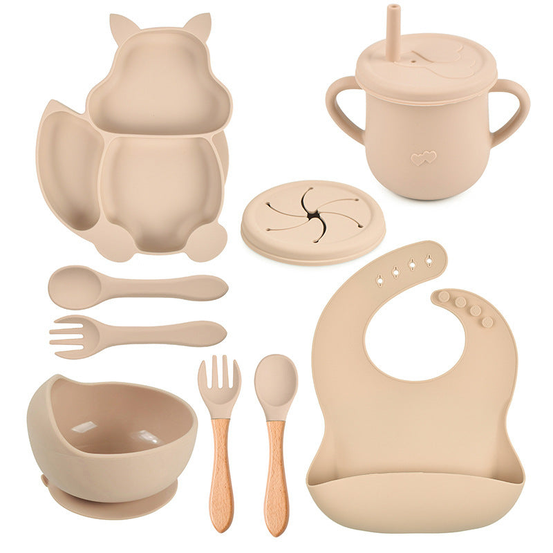 Silicone Squirrel Tableware Baby Silicone Food Supplement Set Baby Spork Integrated Silicone Plate Suit