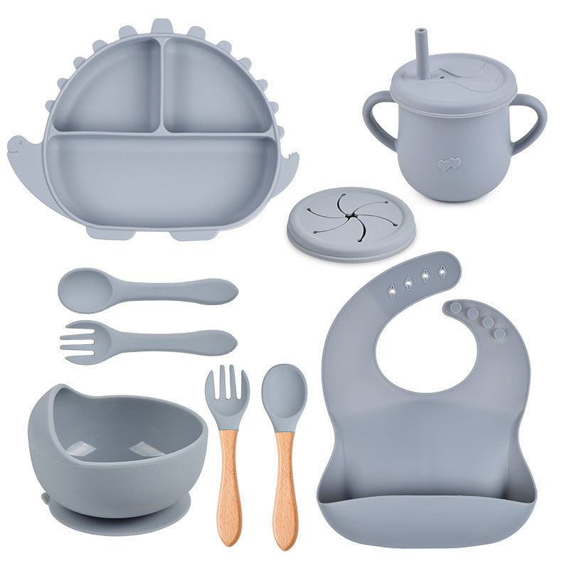 8-piece Children's Silicone Tableware Set Dinosaur Silicone Plate Bib Spoon Fork Cup Baby Silicone Plate