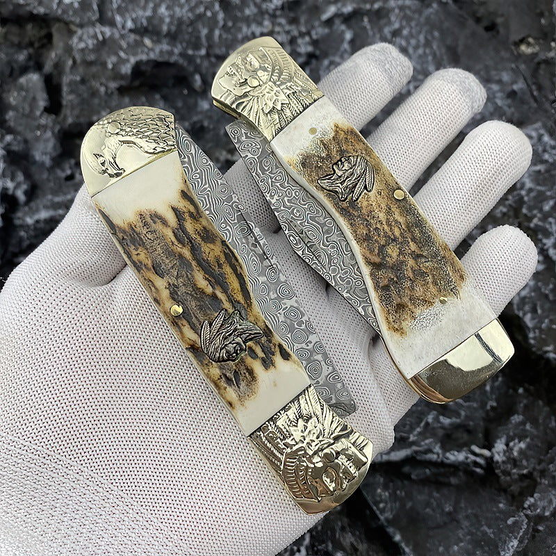 Antler Pocket Outdoor Damascus Folding Knife