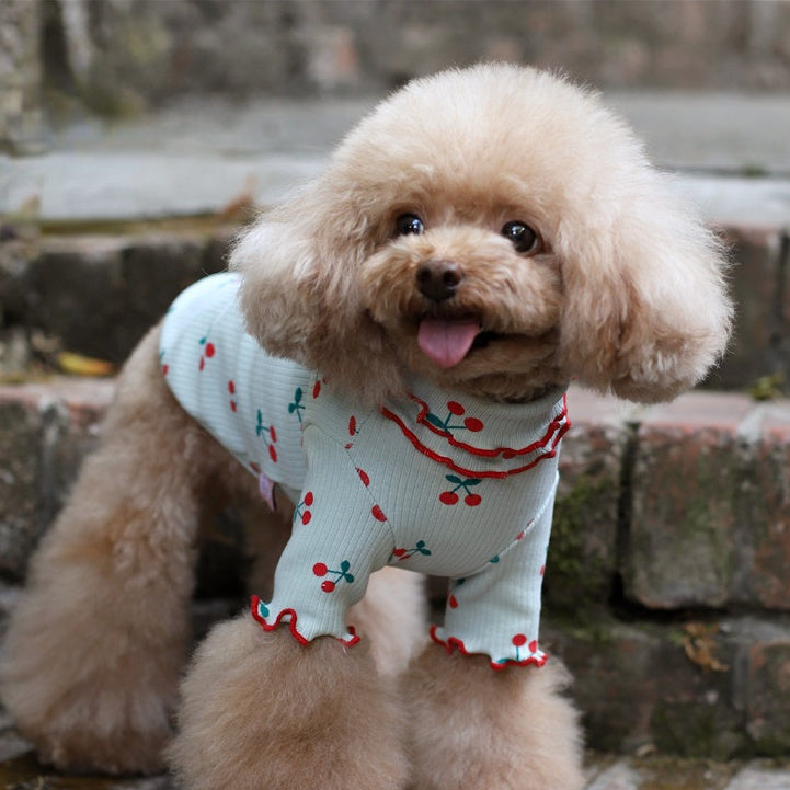 Cotton Cherry Print Wavy Edge Lapel Top Dog Clothes