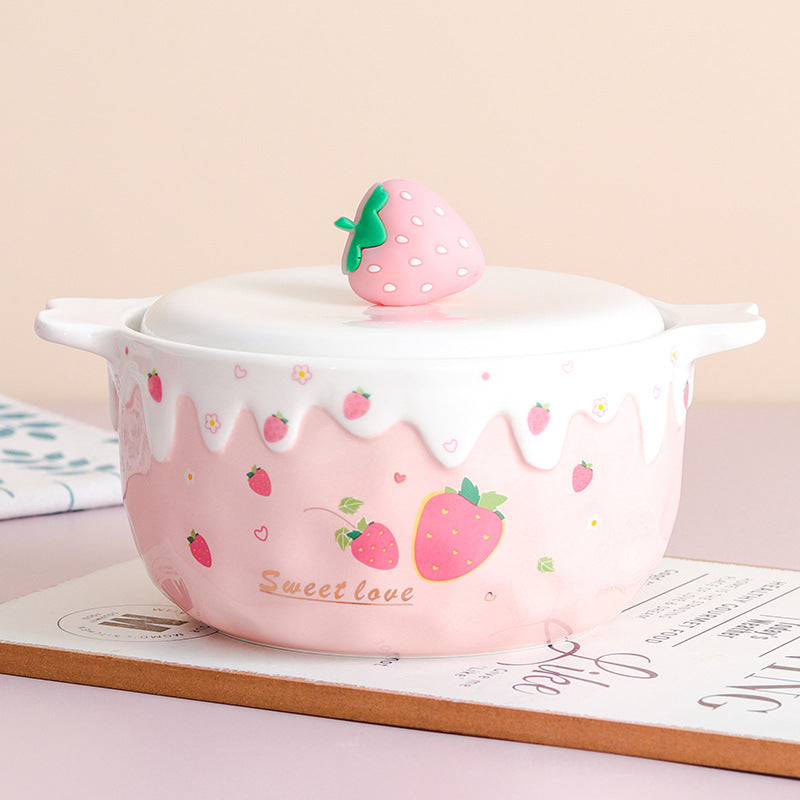 Cute Girlie Noodle With Lid Ceramic Soup Bowl